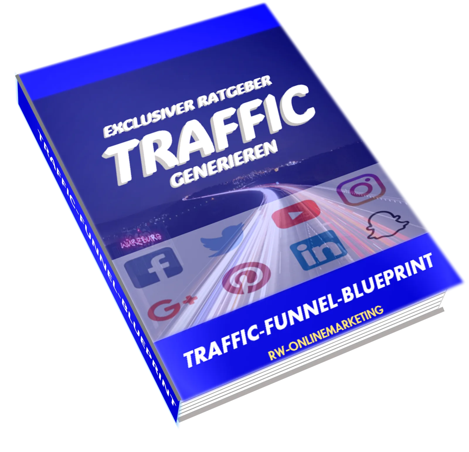 Buch-Mockup des Traffic generieren Funnel-Blueprint mit blauem Cover und sozialen Medien Icons