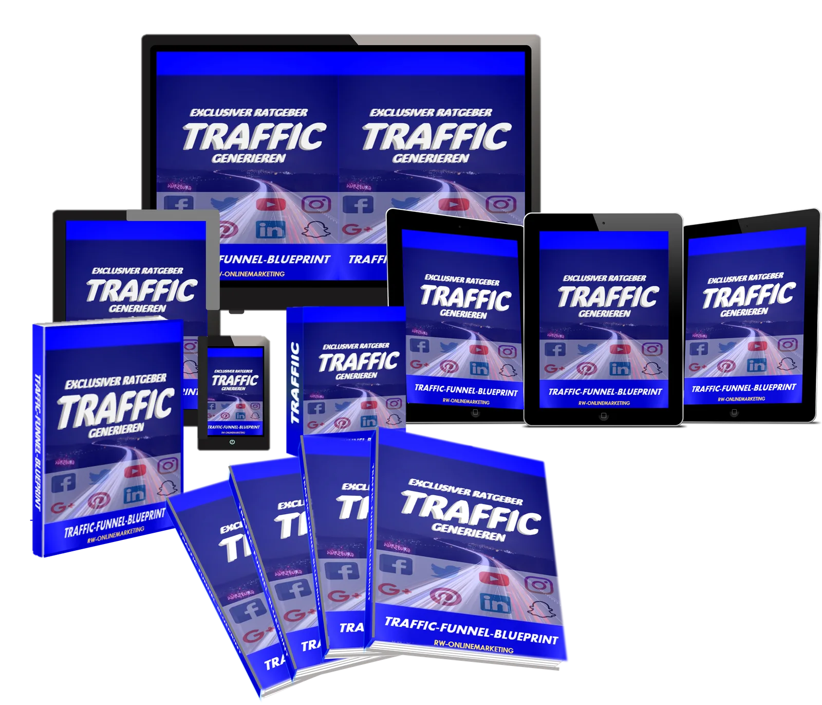 Produktmockup des Traffic generieren Kurses auf verschiedenen Geräten wie Desktop, Tablet und Smartphone