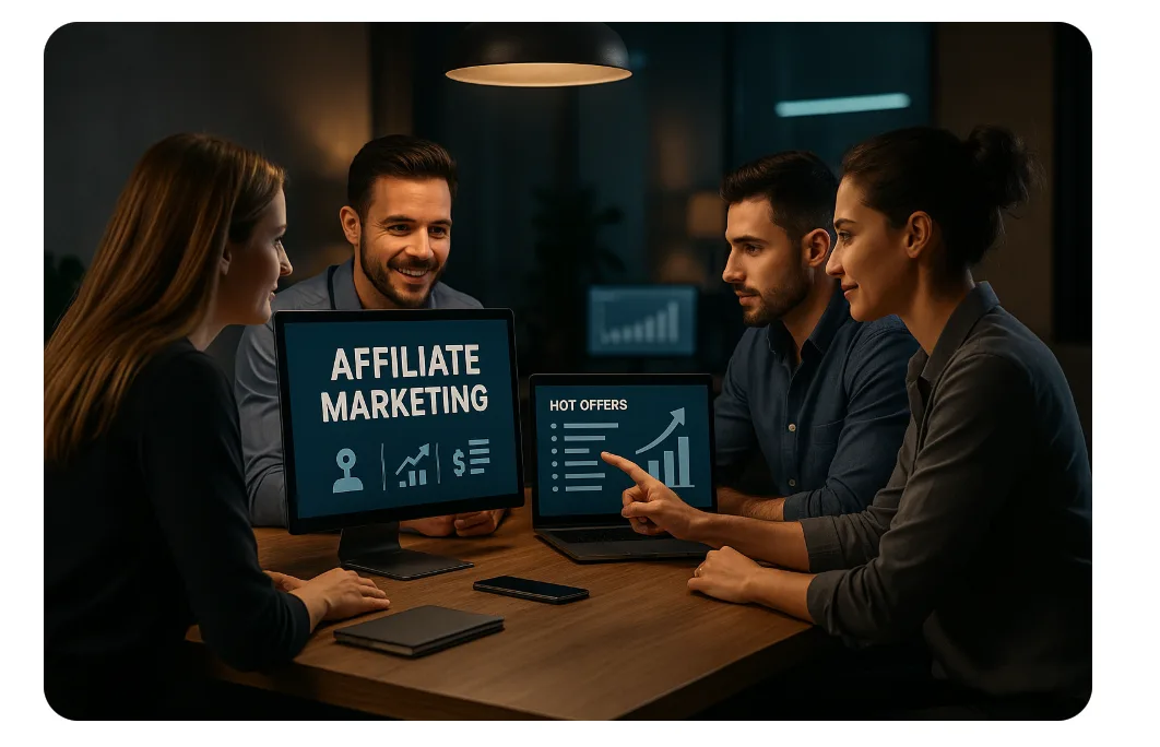 Team diskutiert Affiliate Marketing Strategie mit Tablets in modernem Büro