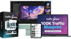 Traffic Genius Bundle Produktdemonstration mit Software, Box, Laptop, Tablet und Video-Editor auf mehreren Bildschirmen