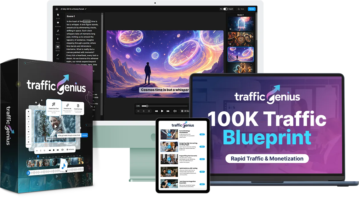 Traffic Genius Bundle Produktdemonstration mit Software, Box, Laptop, Tablet und Video-Editor auf mehreren Bildschirmen