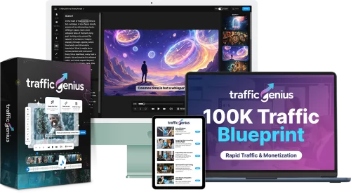 Traffic Genius System Bundle mit Verpackung, Softwareinterface und Marketingmaterialien