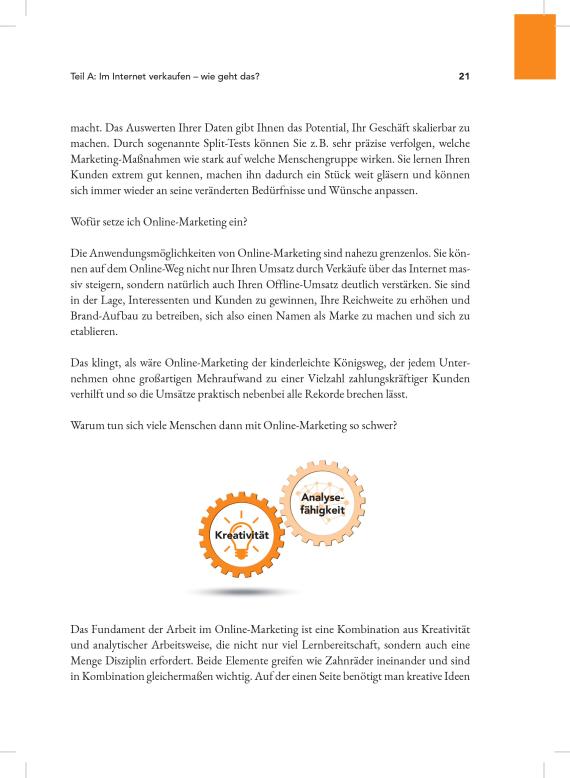 Traffic – Praxisbuch zu Online-Werbung von Marcel Knopf 5 Buchseite 21 mit Textinhalt und orangen Getriebe-Icons für Kreativität und Analysefähigkeit