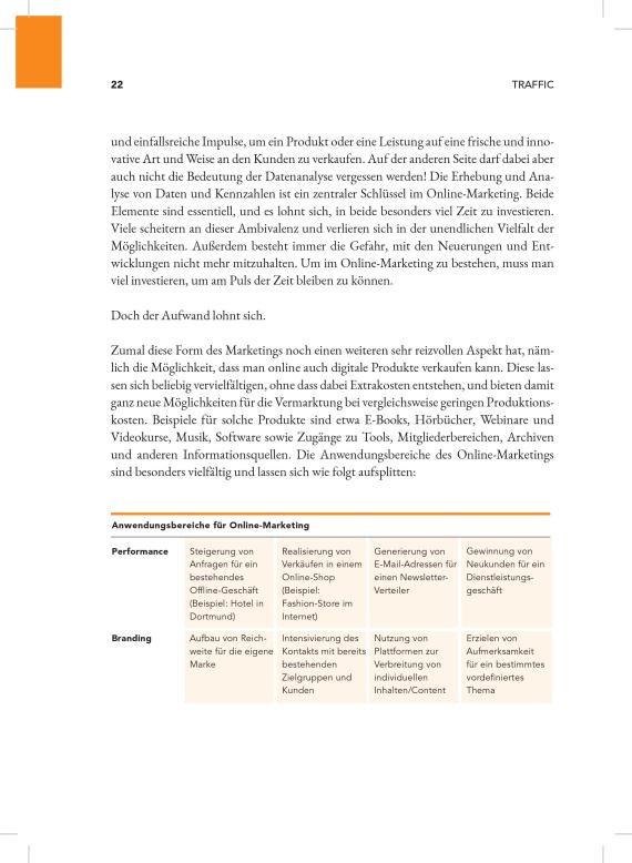 Traffic – Praxisbuch zu Online-Werbung von Marcel Knopf 6 Buchseite 22 mit Text und Tabelle Anwendungsbereiche für Online-Marketing Performance und Branding