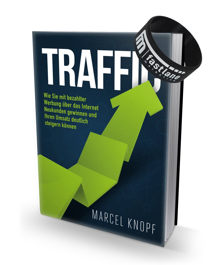Traffic – Praxisbuch zu Online-Werbung von Marcel Knopf 17 Traffic-Buchcover 3D-Ansicht mit Armband: dunkelblauer Hintergrund, grüner Aufwärtspfeil, weißer Buchtitel, Author Marcel Kno
