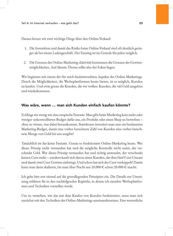 Traffic – Praxisbuch zu Online-Werbung von Marcel Knopf 7 Buchseite 23 mit Kapiteltext und Frage Was wäre wenn man sich Kunden einfach kaufen könnte