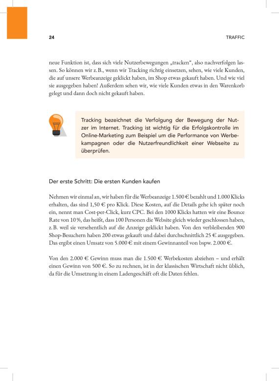 Traffic – Praxisbuch zu Online-Werbung von Marcel Knopf 8 Buchseite 24 mit Textabschnitt über Tracking und Kundenakquisitionskosten mit orangem Glühbirnen-Icon