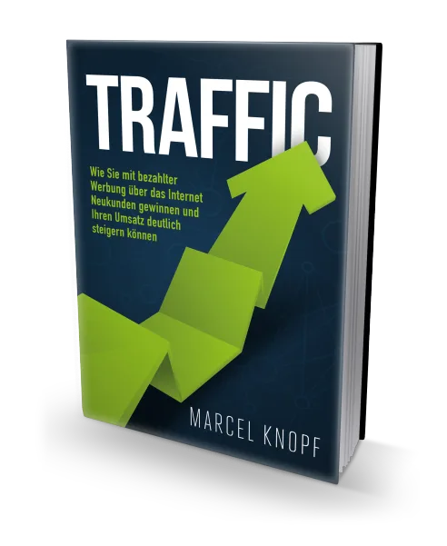 Traffic – Praxisbuch zu Online-Werbung von Marcel Knopf 2 Traffic-Buch-Produktabbildung mit grünem 3D-Pfeil auf dunklem Hintergrund