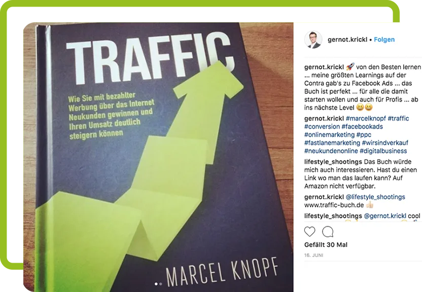 Traffic – Praxisbuch zu Online-Werbung von Marcel Knopf 15 Instagram-Post von gernot.krickl mit Foto des Traffic-Buches und positiver Bewertung