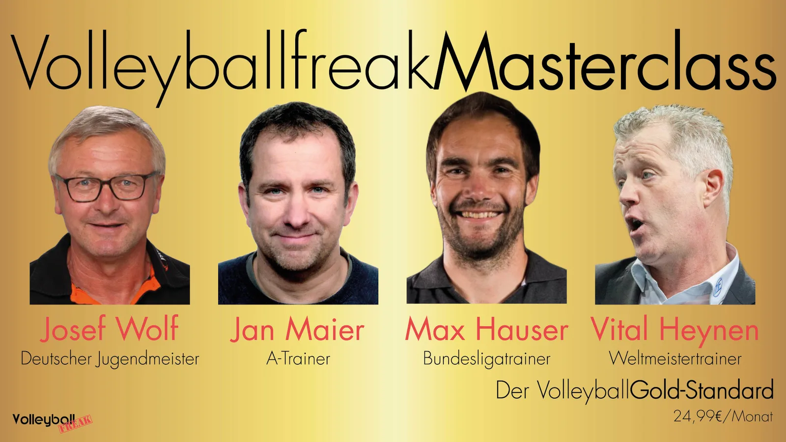 Volleyballfreak Masterclass Hero-Banner mit vier Trainern und ihren Titeln auf gelbem Hintergrund