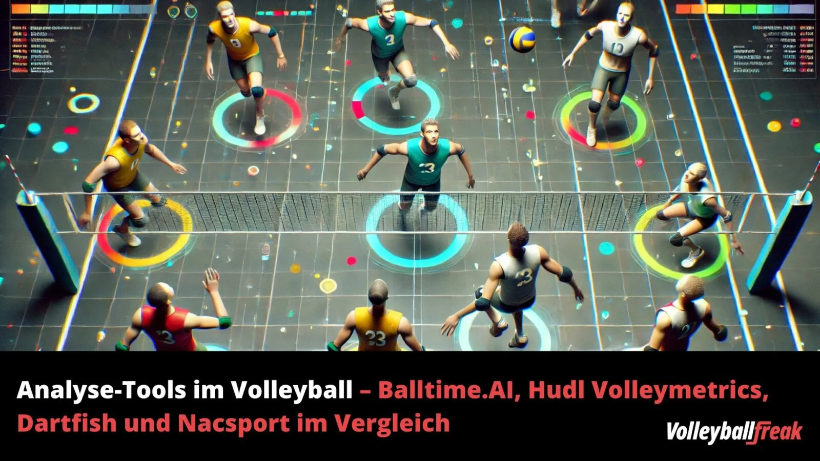 Volleyball-Analyse-Tools mit Spielern auf digitalem Platz, farbliche Markierungen und Datenüberlagerung von Balltime.AI, Hudl