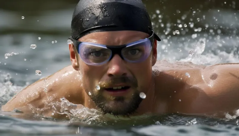 Muskulöser Schwimmer beim Kraulschwimmen im Indoor-Pool mit Schwimmbrille