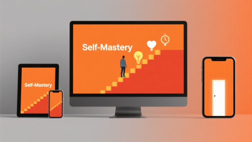 Transform Your Life – E-Book-Paket zu Selbstdisziplin 1 Mockup des Self-Mastery Systems auf Desktop, Tablet und Smartphone mit orangem Gradient und Treppenstufen-Grafik