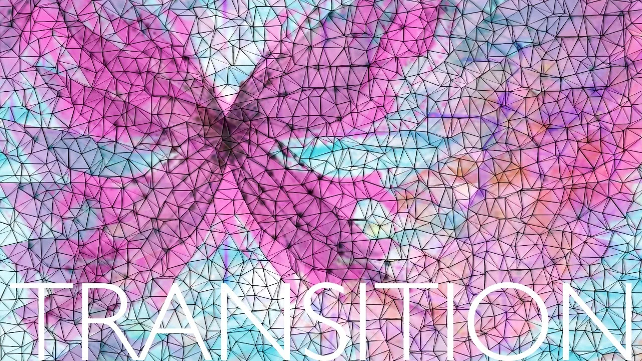 Abstrakte geometrische Hintergrundgrafik in Pink, Violett und Cyan mit verschlungenen Dreiecksmustern und weißem Text TRANSIT