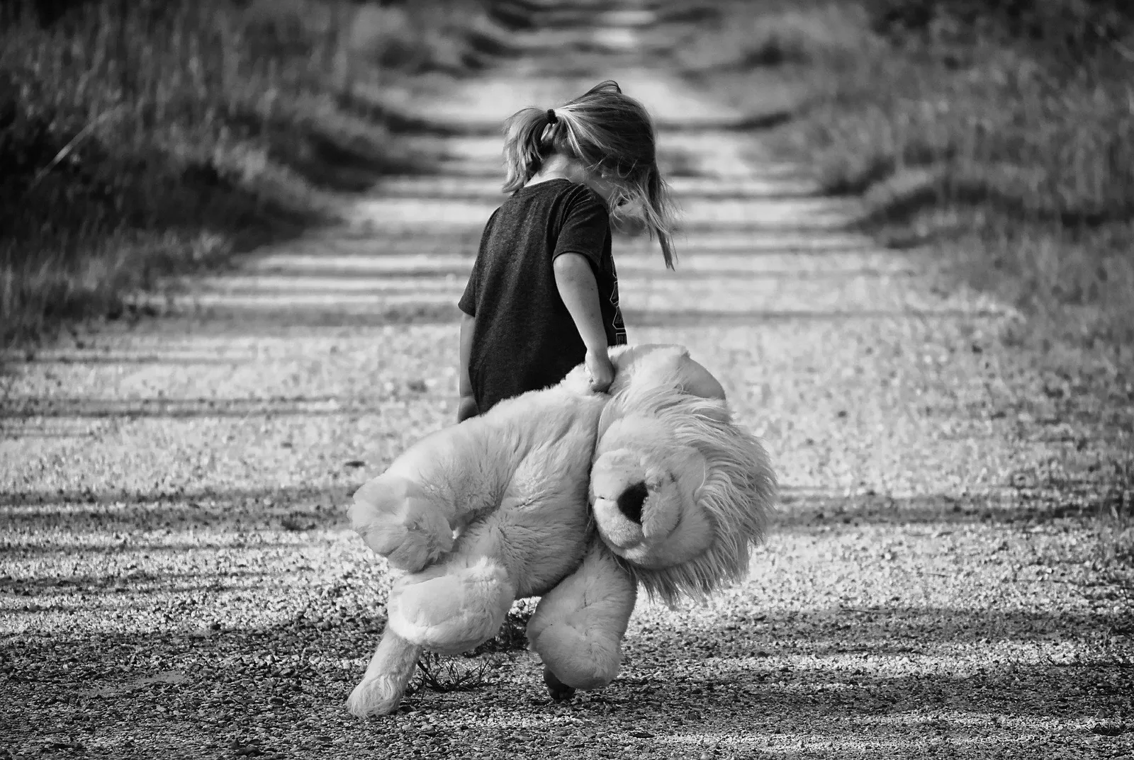 Kleines Mädchen mit Hund auf Feldweg, Schwarz-Weiß-Fotografie