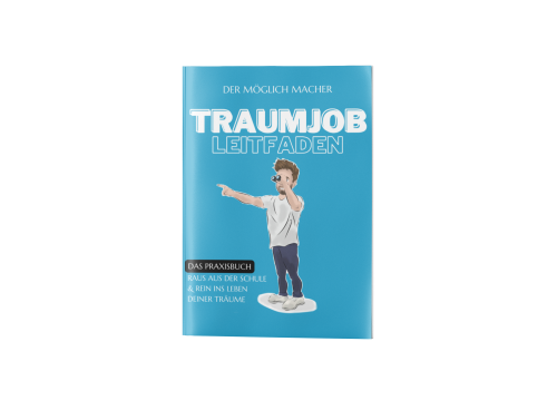 Cover des E-Books Traumjob Leitfaden mit blauem Hintergrund und illustrierter Person