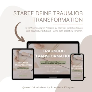 Kurs-Hero mit Geräte-Mockup, Text "Starte deine Traumjob Transformation" auf beigem Hintergrund