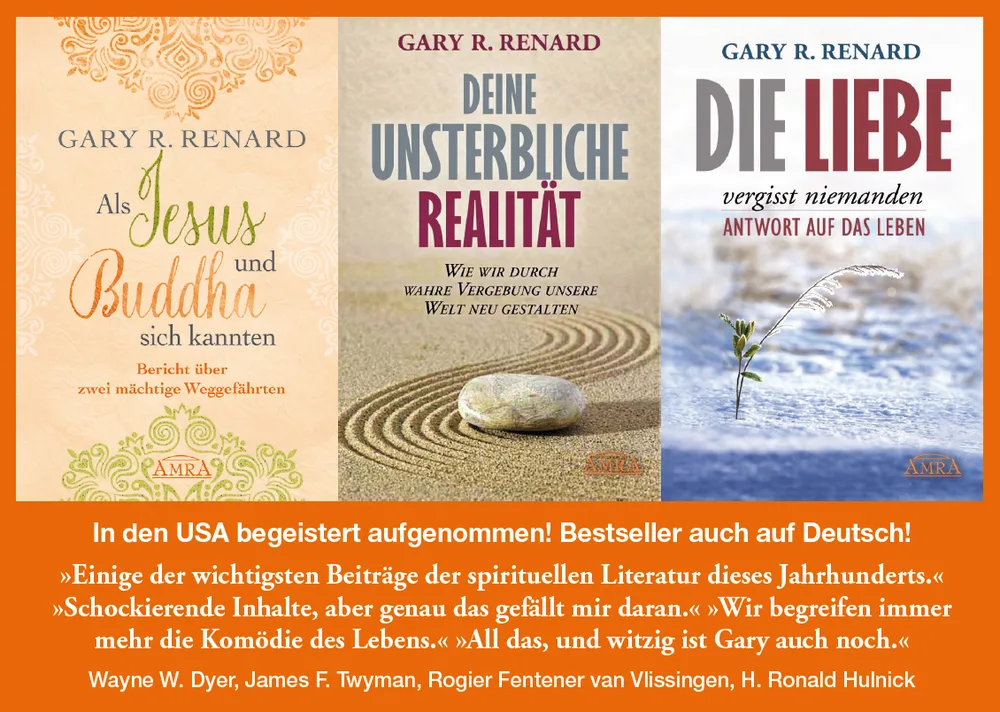 Banner mit drei Buchtiteln von Gary R. Renard und Testimonials von spirituellen Autoren