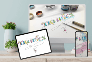 Landingpage Trudies mit Schreibweisen-Darstellung auf Tablet, Smartphone und Papier mit Aquarellfarben und Pinseln