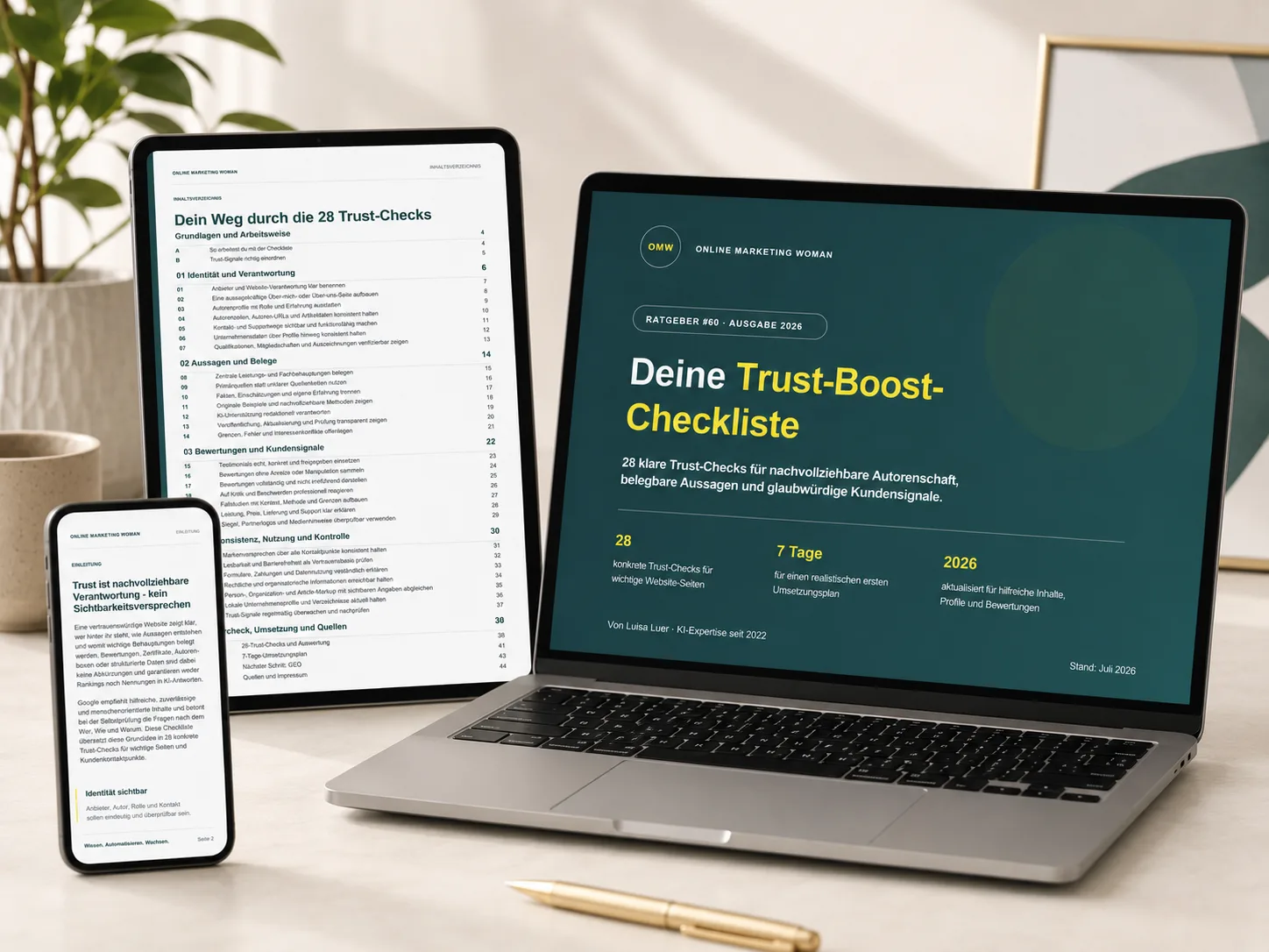 Geöffnete Trust-Boost-Checkliste mit Cover, Einleitung und Inhaltsverzeichnis