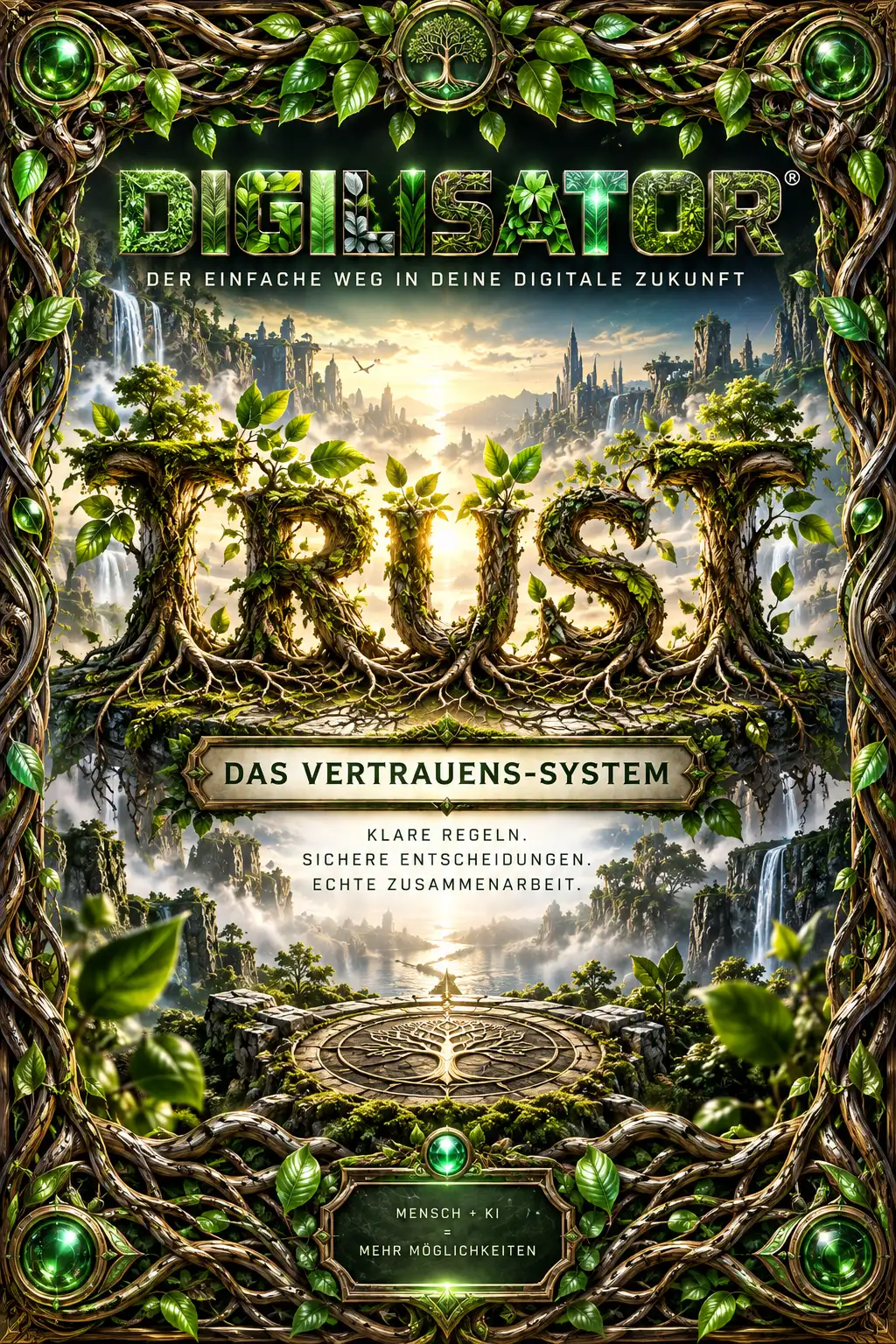 TRUST – Vertrauen unter Kontrolle E-Book Cover mit ornamentalem Rahmen, Baumwurzeln und Fantasy-Landschaft