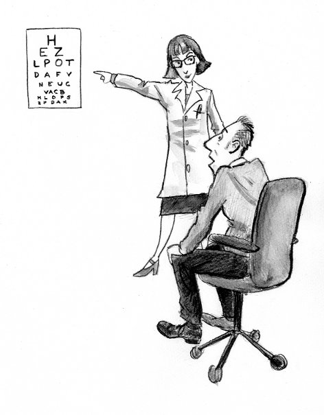 Tschechisch in Häppchen – Sprachlern-E-Book für Einsteiger 4 Illustration einer Augenärztin bei Sehtafel-Untersuchung mit Patient