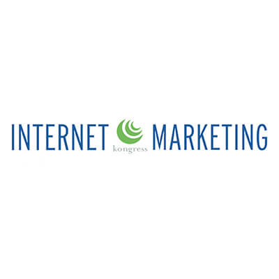 Internet Marketing Kongress Logo mit grünem Blatt-Symbol, blauer Schrift auf weiß