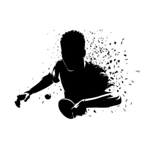 Tischtennisspieler in Aktion mit Schläger und Ball, schwarze Silhouette mit Partikeleffekt