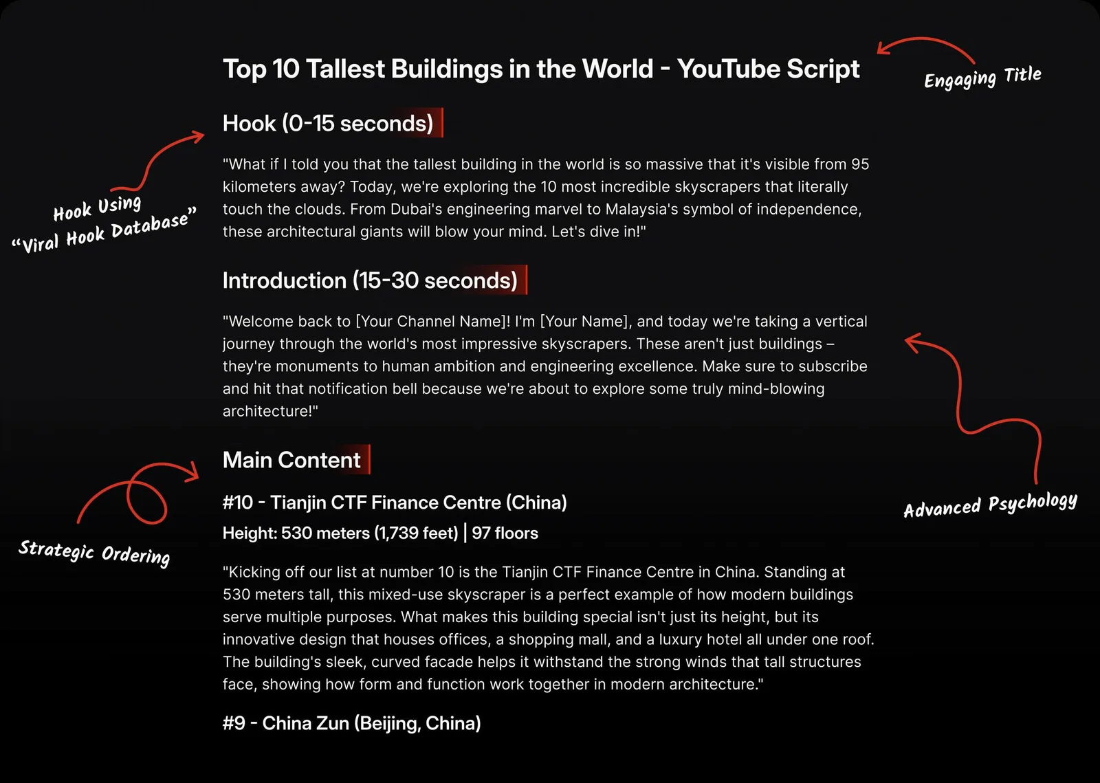 YouTube Script für Top 10 höchste Gebäude der Welt mit Hook, Introduction und Main Content Struktur