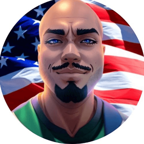 3D-Porträt eines Mannes mit Vollbart vor amerikanischer Flagge