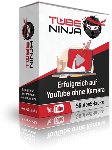 TubeNinja Produktbox mit Laptop und rotem Logo, Aufschrift Erfolgreich auf YouTube ohne Kamera