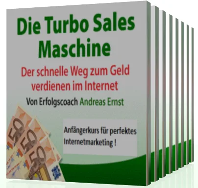 Turbo Sales Maschine Buch-Cover von Andreas L. Ernst mit Geldscheinen, grünem Design und Anfängerkurs für Internetmarketing