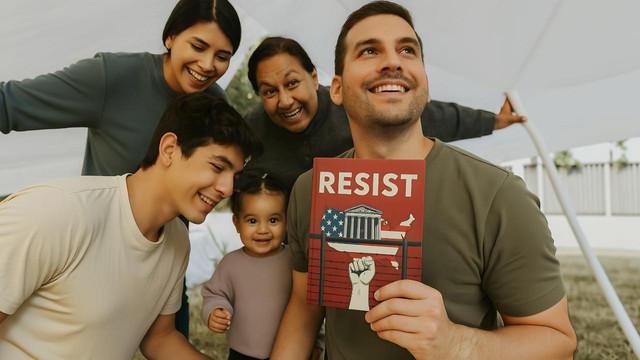 Immigrant family mit Widerstandsplakat, Vater hält RESIST-Schild mit US-Capitol-Symbol