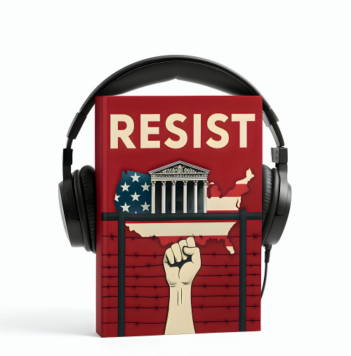 Hörbuch-Cover U.S. Immigration Survival PRO mit roten Buch, RESIST-Text, Capitol und Kopfhörer