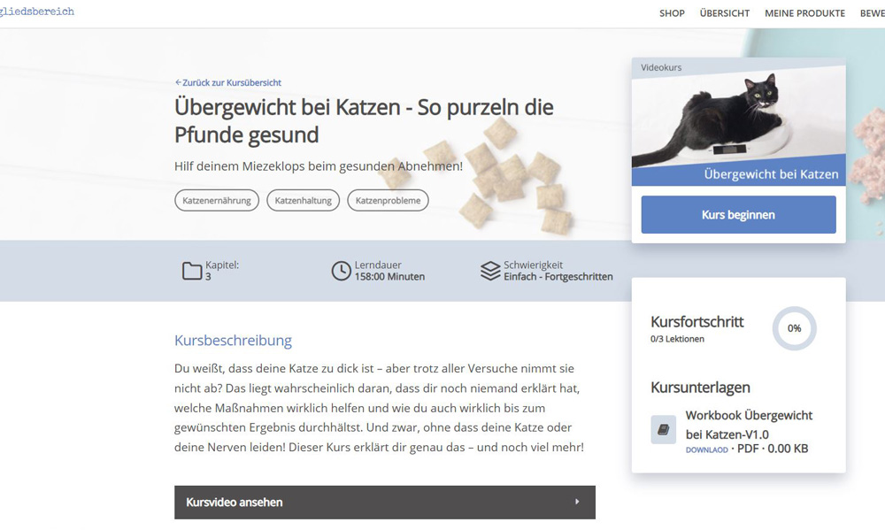 Screenshot des Mitgliederbereichs zum Kurs Übergewicht bei Katzen mit Kursbeschreibung und Modulen