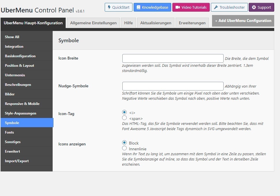 Screenshot des UberMenu Control Panel Reiter Symbole mit Icon-Einstellungen und Darstellungsoptionen