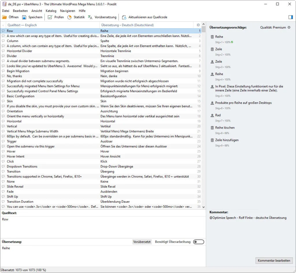 Screenshot einer Poedit-Übersetzungsdatei für UberMenu 3 mit vollständiger Übersetzung von englisch zu deutsch