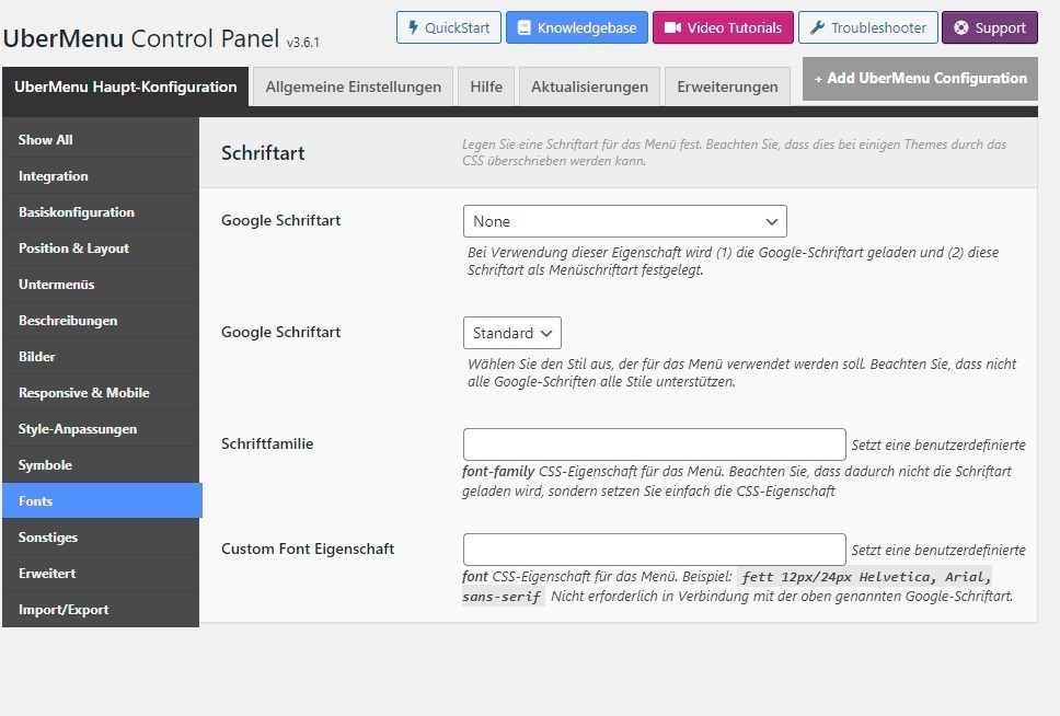 Screenshot des UberMenu Control Panel Reiter Fonts mit Google Schriftart und Custom Font Einstellungen