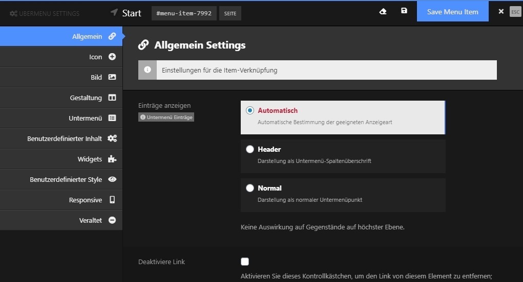 Screenshot der UberMenu Menü-Einstellungen Reiter Allgemein mit Enträge anzeigen und Header-Optionen