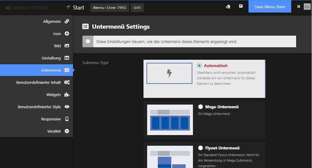 Screenshot der UberMenu Menü-Einstellungen Reiter Untermenü mit Submenu-Typ Optionen