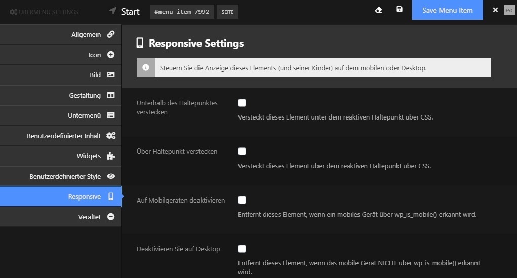 Screenshot der UberMenu Menü-Einstellungen Reiter Responsive mit Darstellungsoptionen für mobile Geräte