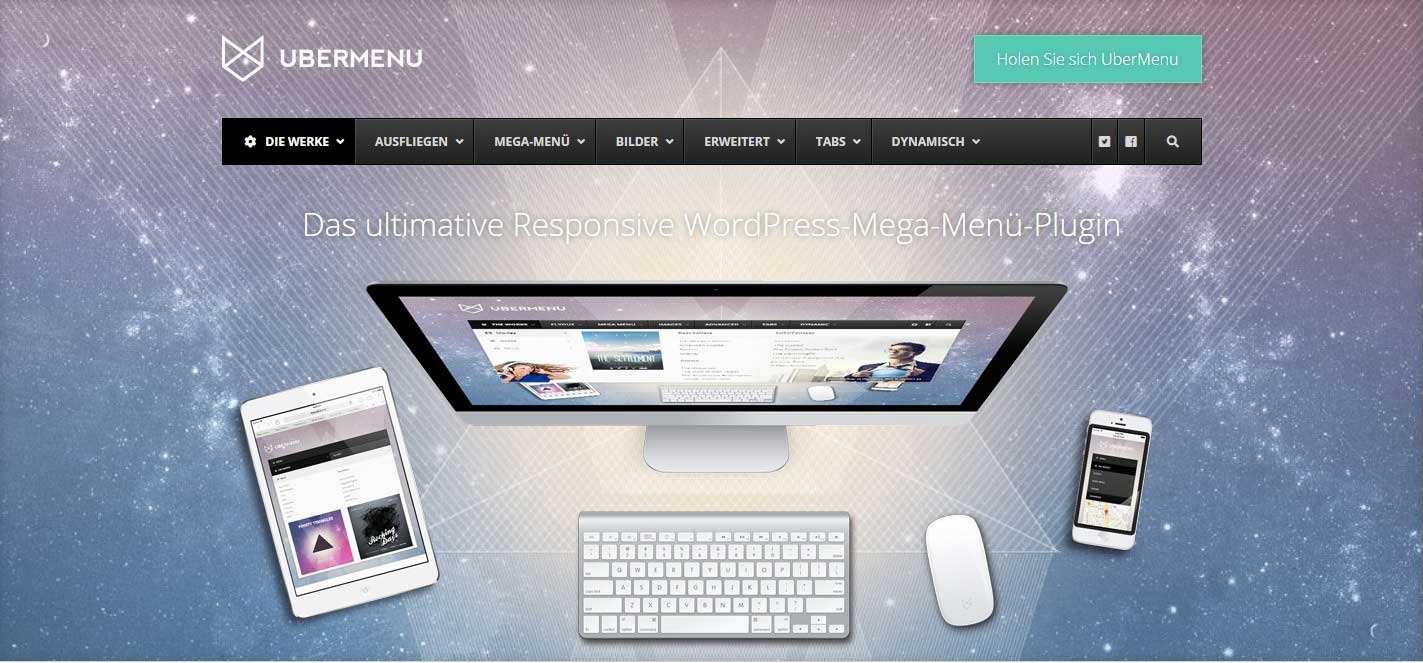 Hero-Grafik mit UberMenu Logo, Navigationsmenü und Desktop-Setup mit Tablet, Monitor, Keyboard und Smartphone