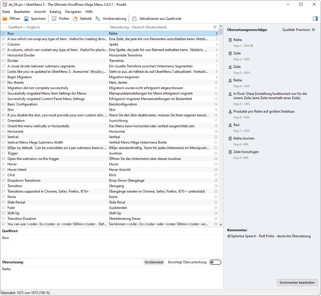 Screenshot einer Poedit-Übersetzungsdatei für UberMenu 3 mit englischen und deutschen Begriffen