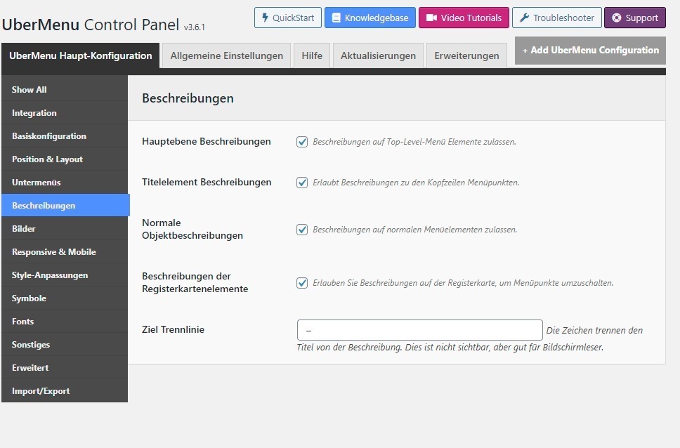 Screenshot des UberMenu Control Panel Reiter Beschreibungen mit Konfigurationsoptionen