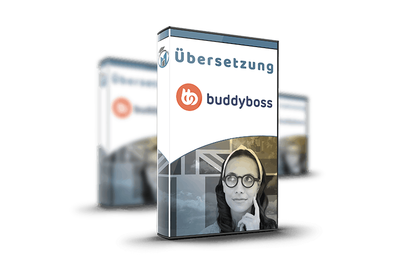 BuddyBoss Übersetzung – Software-Box mit orangem BuddyBoss-Logo und Porträt einer Frau