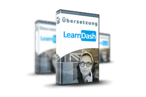 LearnDash Übersetzung deutsch – Software-Box mit Plugin-Logo und Frau mit Brille