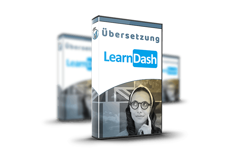 LearnDash Übersetzung deutsch – Software-Box mit Plugin-Logo und Frau mit Brille