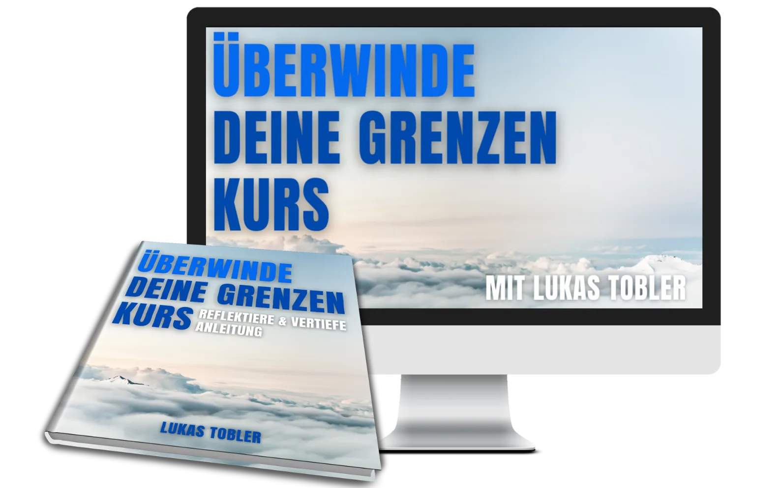 Website Mockup zeigt Kurs "Überwinde deine Grenzen" auf Monitor und Handbuch