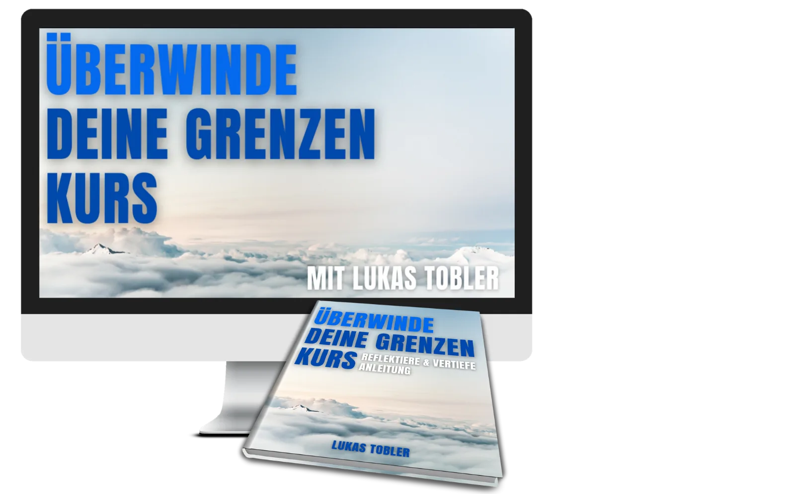 iMac Mockup zeigt Kurs "Überwinde deine Grenzen mit Lukas Tobler" mit Handbuch