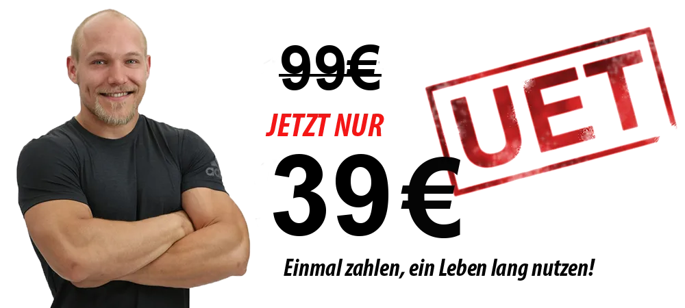 Mann mit gekreuzten Armen, Preisangebot 39€ statt 99€ – Verkaufsbanner